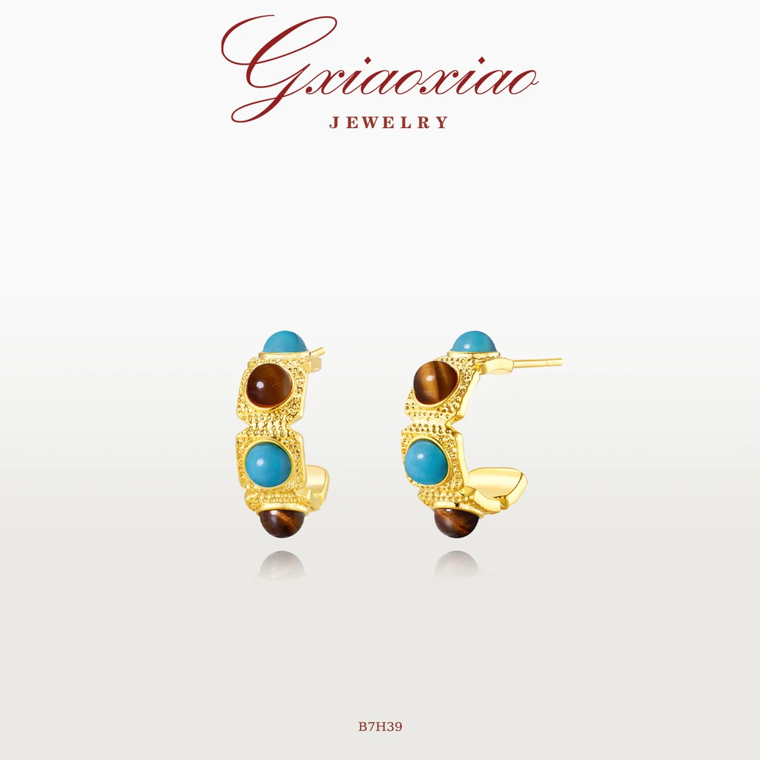 G XIAOXIAO 镀K金气质复古高级感百搭C圈双色镶嵌耳环 B7H39