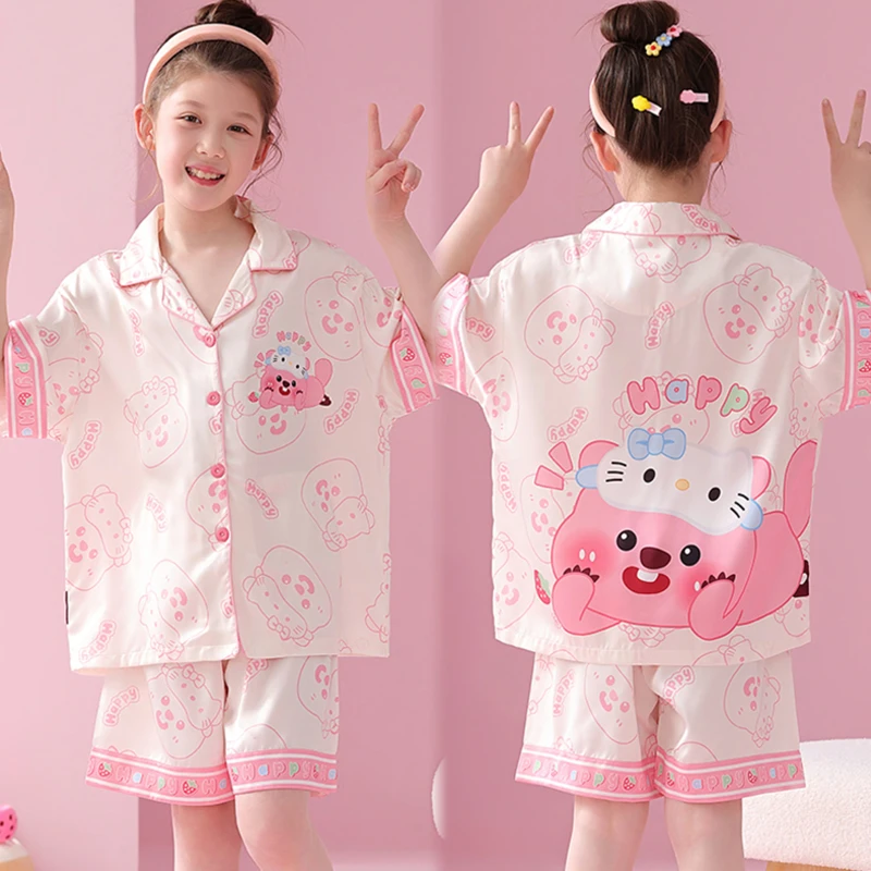 儿童睡衣女童冰丝夏天薄款短袖开衫小女孩卡通中大童家居服套装夏