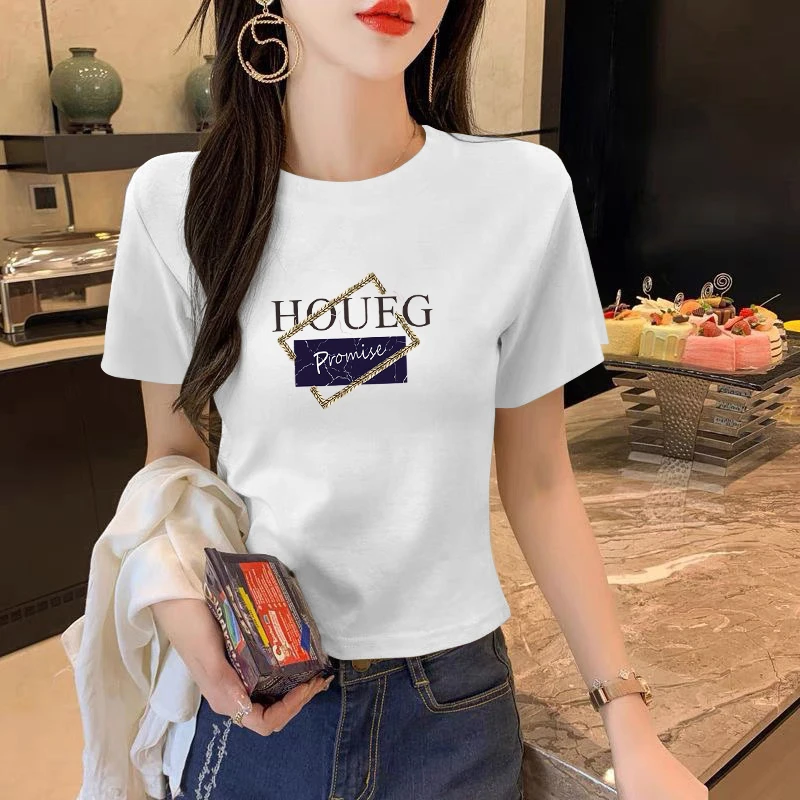 夏季白色新款正肩圆领修身显瘦通勤短袖t恤休闲字母印花女装上衣