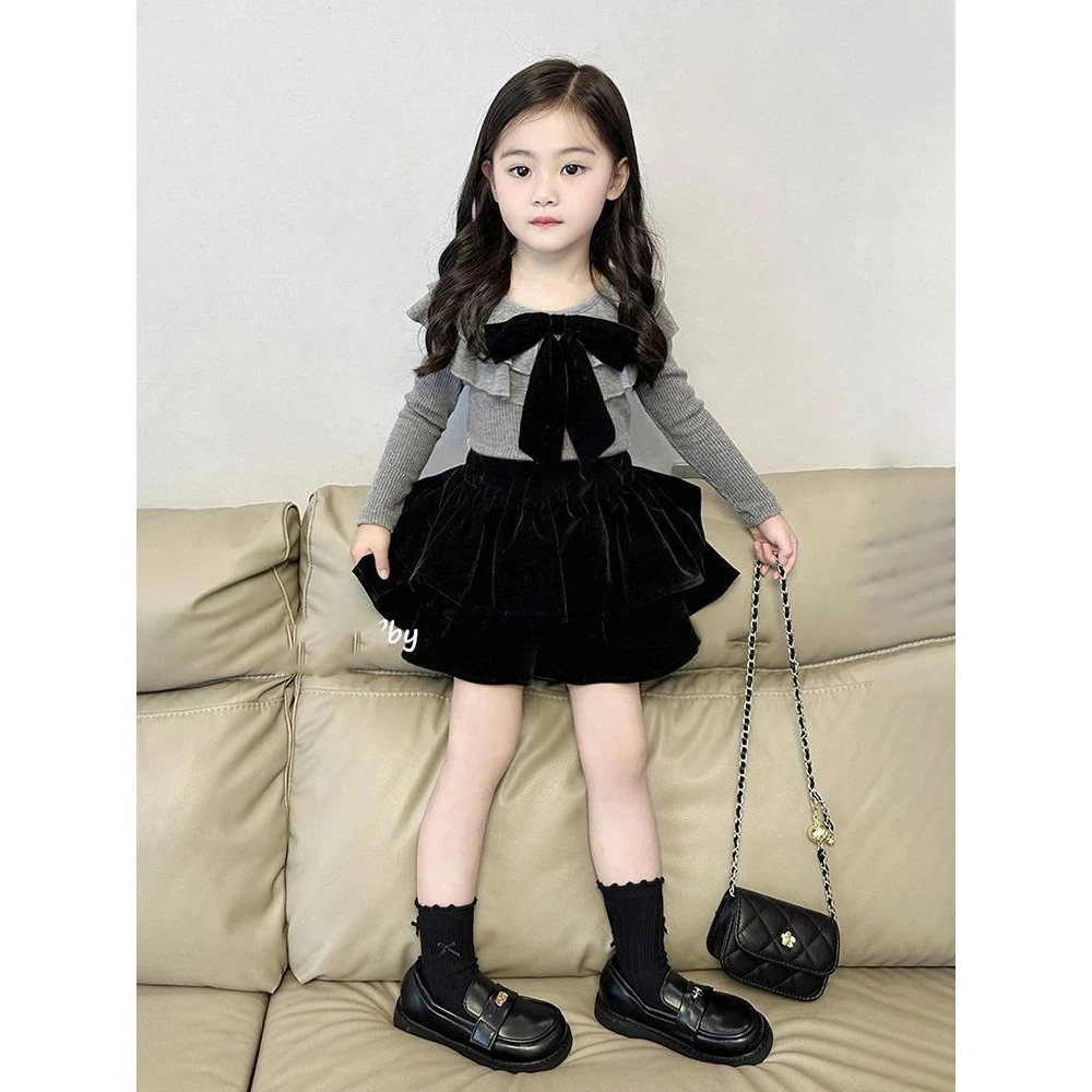 女童韩系童装套装2025秋装儿童蝴蝶结打底衫丝绒裙裤学