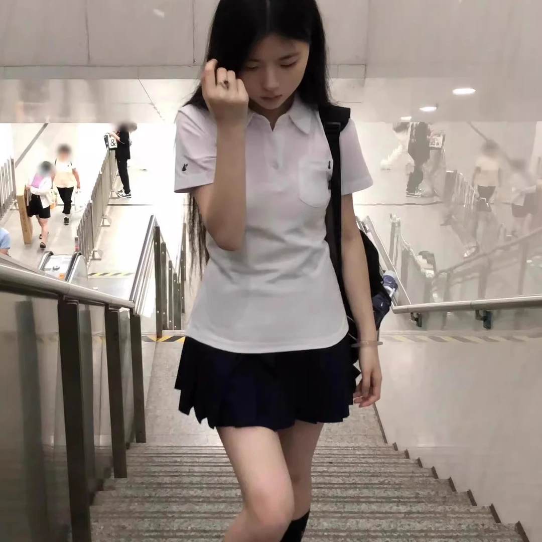 白桃汽水/收腰polo衫JK制服原创日系校供感修身短袖T恤女甜美上衣