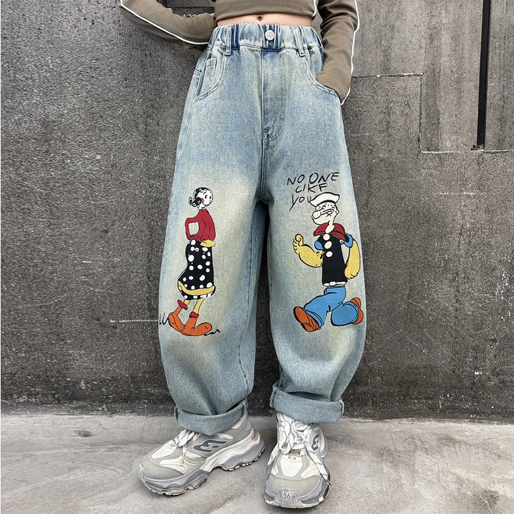 女童牛仔裤春秋2025新款洋气卡通印花中大童时髦女孩炸街阔腿裤