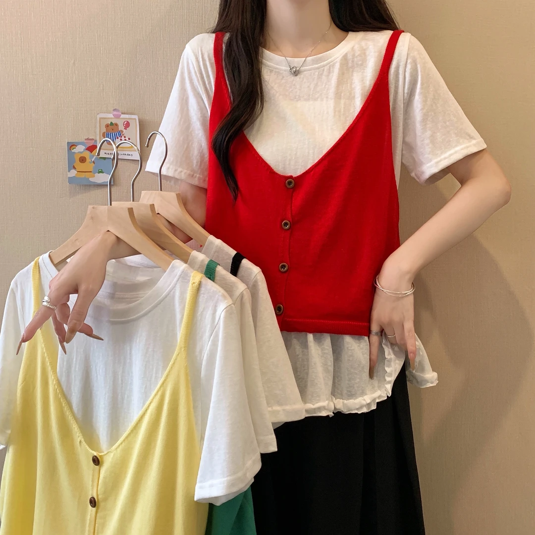 2025年大码女装新款设计感吊带T恤两件套短袖上衣 3192