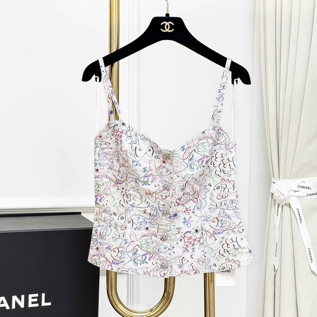 99新 Chanel/香奈儿 34码25C白色拼彩色小鱼涂鸦吊带上衣