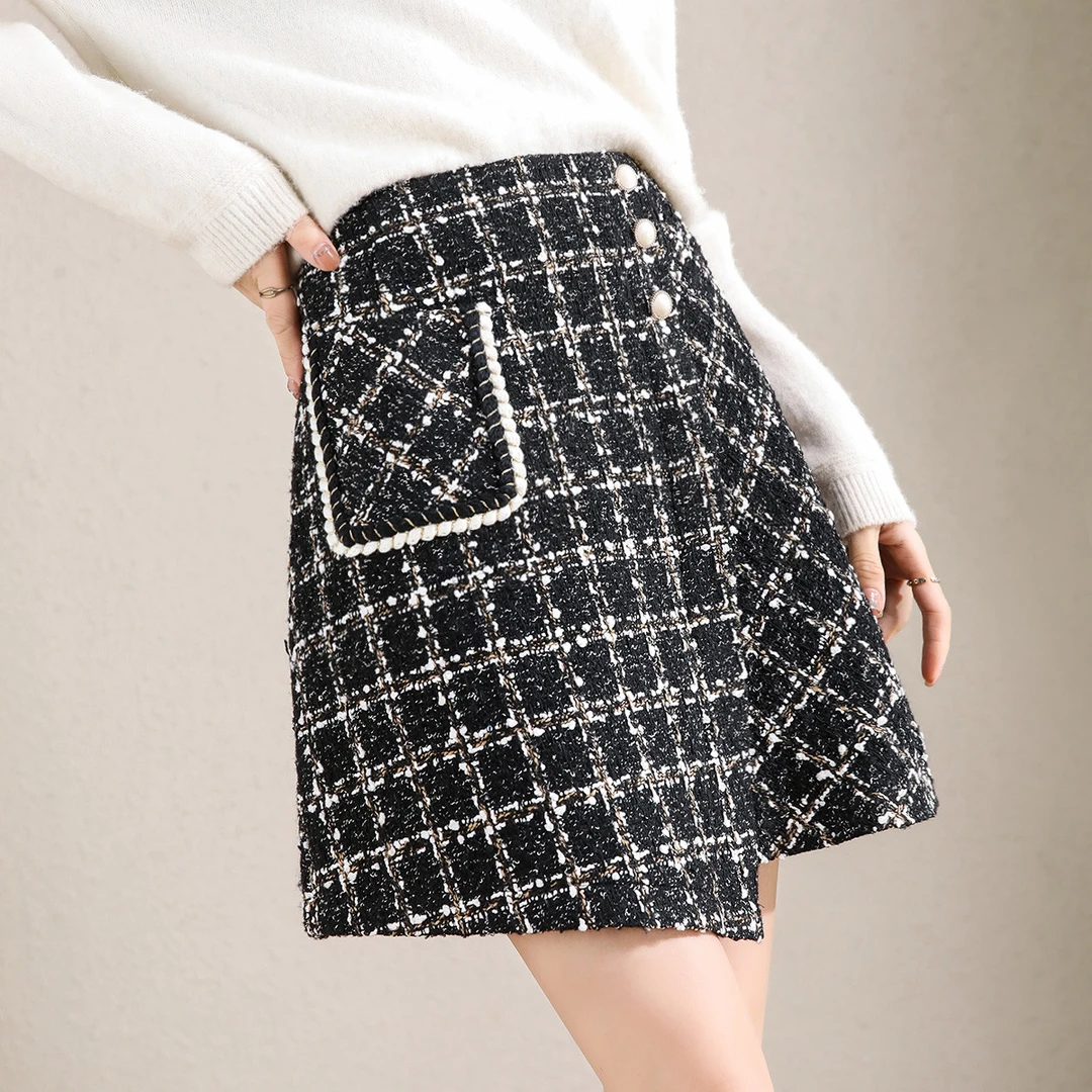 尚静花边织花粗花呢小香风半身裙2024秋冬新款A字裙不对称半截裙