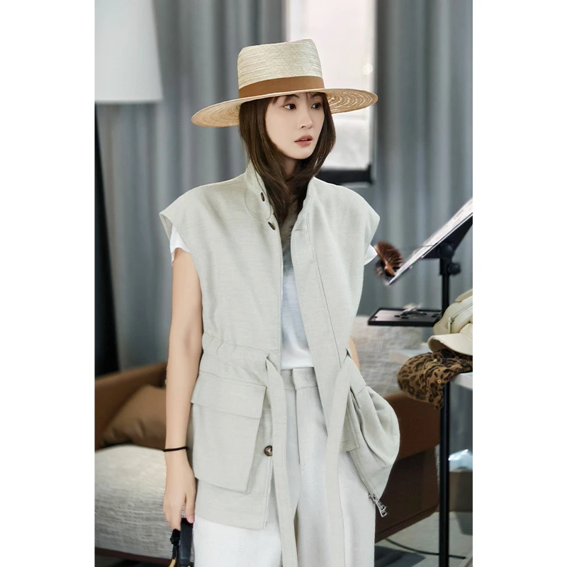 A美洋MEIYANG 茶米马甲 简约干练拉链排扣收腰显瘦无袖马夹上衣