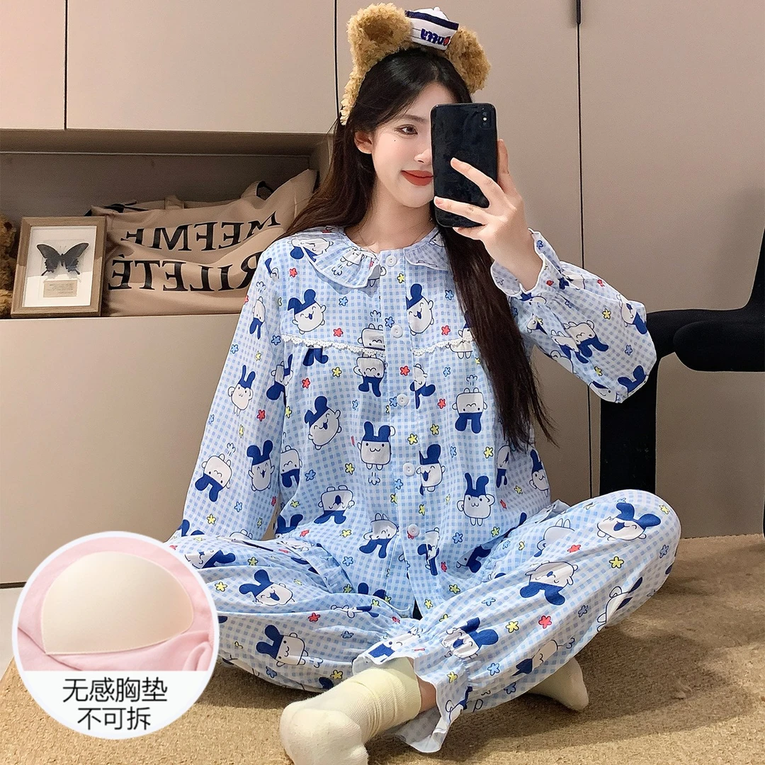 云朵棉睡衣女秋冬季长袖带胸垫2025新款网红风冬天卡通套装家居服