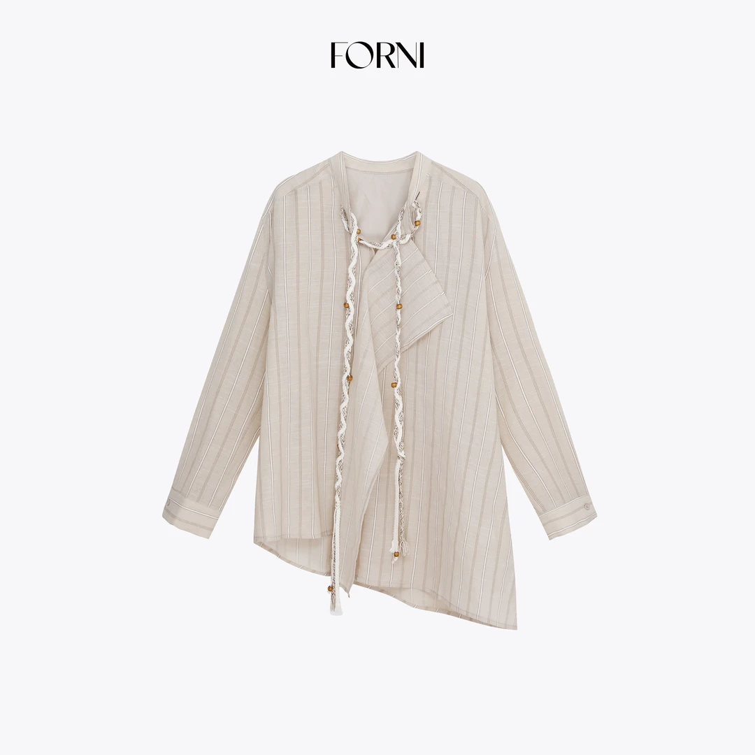 FORNI 西部浪客 复古流浪风解构大翻领编织绳宽松条纹衬衫