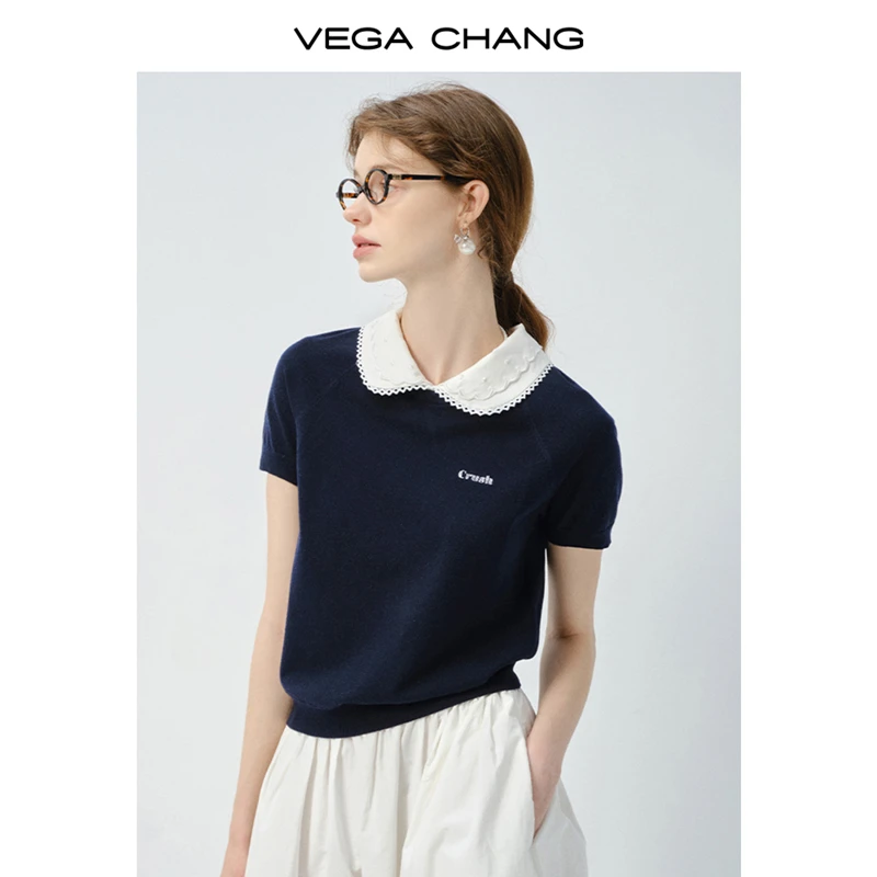 VEGA CHANG针织短袖t恤女2025新款秋设计感娃娃领上衣0229LW