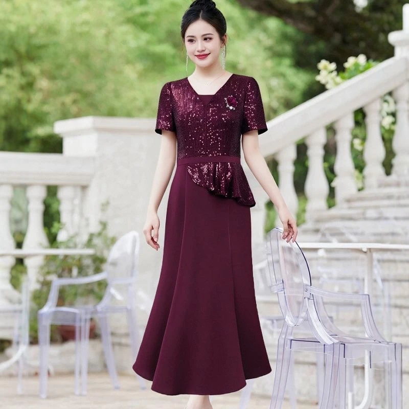 喜婆婆婚宴敬酒服短袖连衣裙时尚显瘦V领鱼尾群婚礼旗袍裙礼服裙