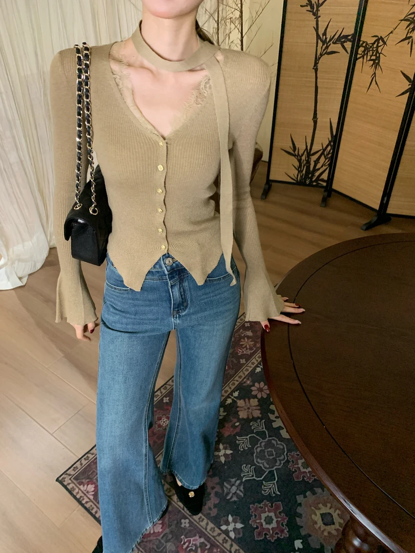 EIA一尧【冬季新品清仓】法式气质蕾丝长袖上衣显瘦纯欲系带上衣