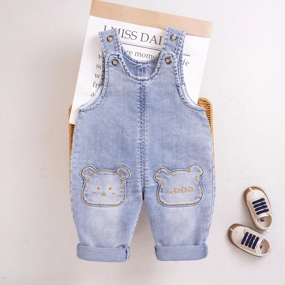 宝宝背带裤春季新款0-4岁男女儿童软牛仔GOOD熊百搭婴儿连体衣