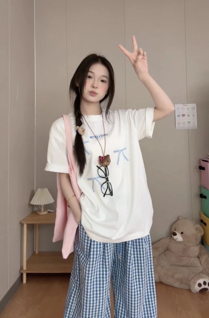 爆款学院风百搭蝴蝶结纯棉短袖T恤夏季新款宽松休闲纯棉大码短袖