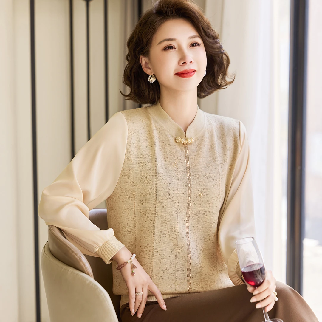 妈妈春装针织衫纱袖上衣2025新款洋气春秋中老年女装打底遮肚小衫