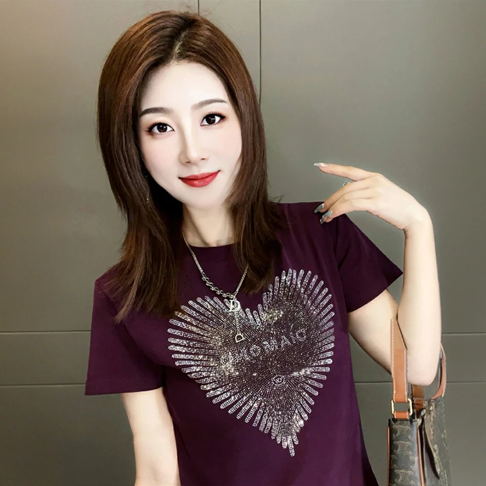 女士短袖t恤打底衫2025年新款夏装洋气减龄气质上衣烫钻小衫