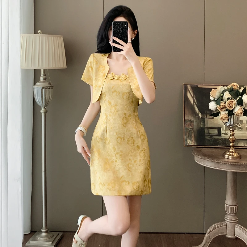 新中式吊带连衣裙2025新款小香风财阀千金女装套装裙子两件套女夏