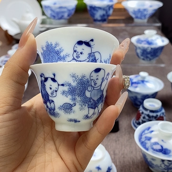 5**8优惠脱胎瓷高温手工超薄胎青花童子花神杯2只