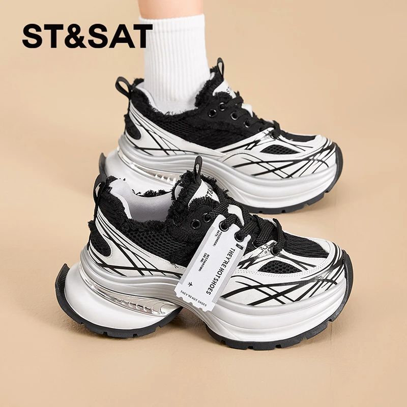 星期六复古厚底老爹鞋女2025春季新款时尚百搭透气网面休闲运动鞋