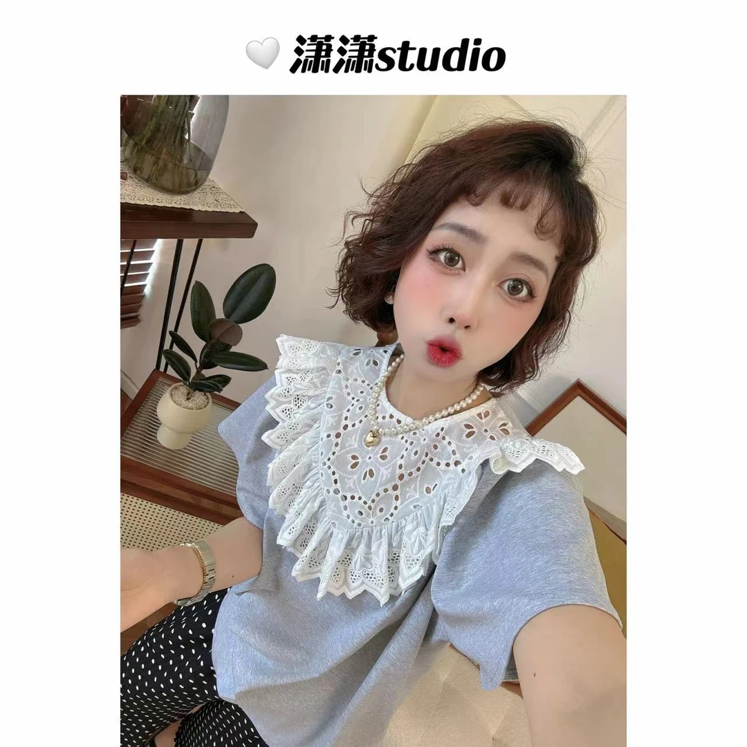 【赫拉纪事】【韩系】【日常好穿】潇潇小飞袖镂空刺绣半袖T恤XS2387