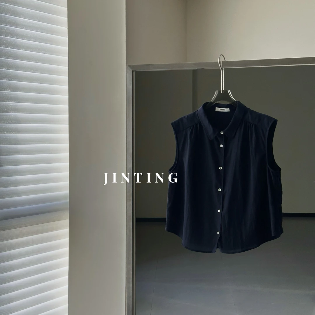 今婷夏季新款韩系休闲宽松显瘦ins设计翻领无袖小衫女-L25216302