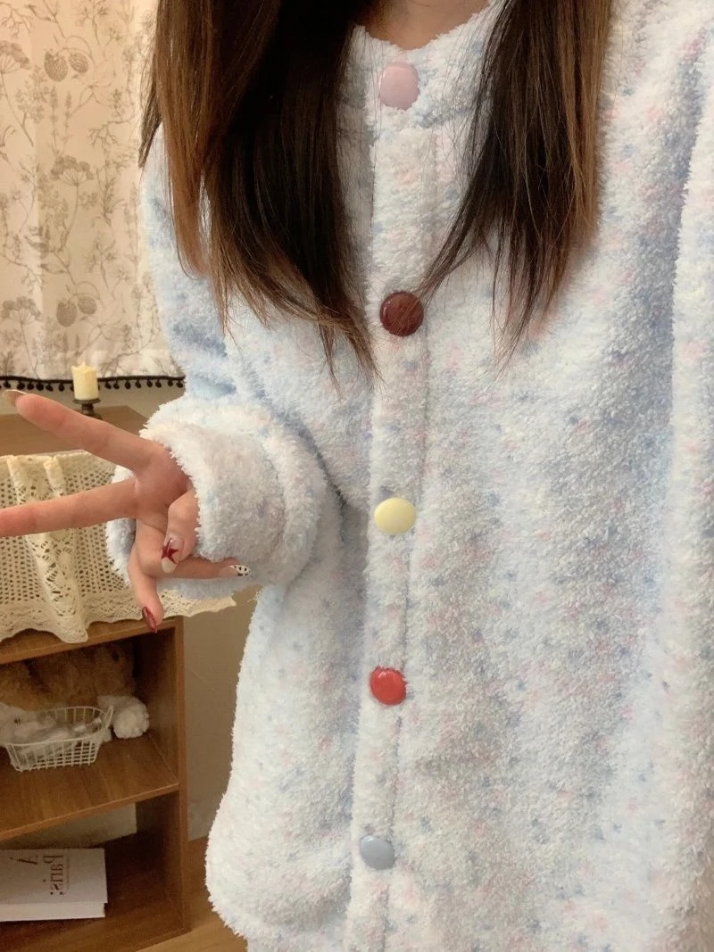 半边绒蓝色睡衣女秋冬季加厚加绒珊瑚绒甜美保暖可外穿家居服套装