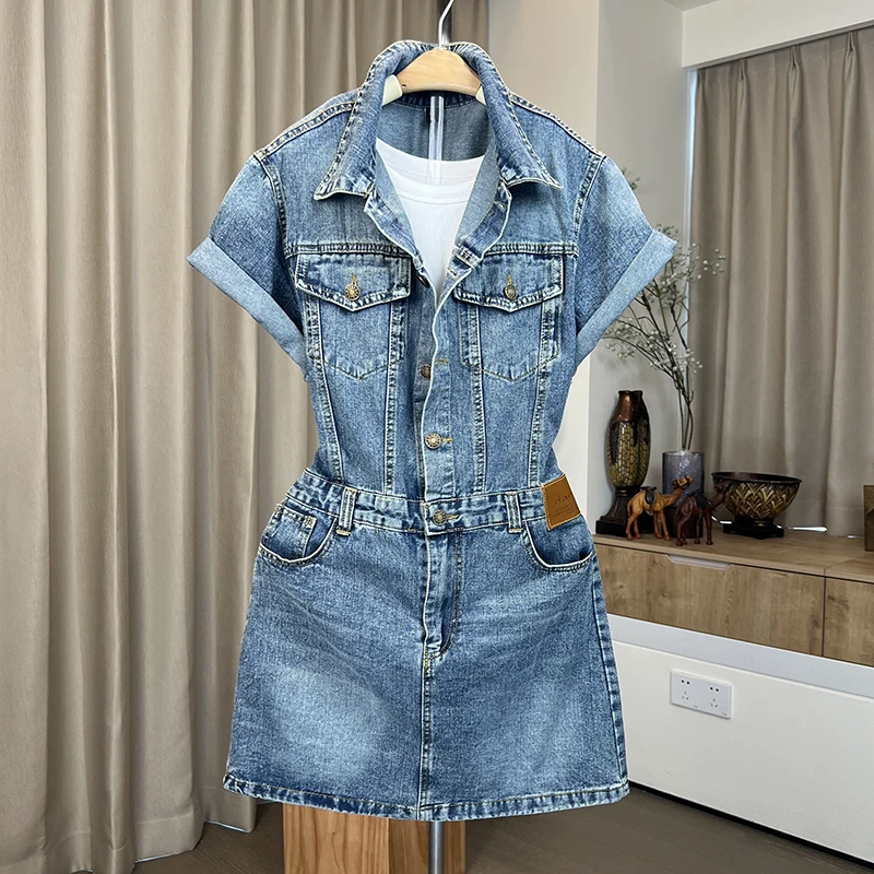 欧洲站复古时尚单排扣牛仔连衣裙女夏季新款收腰显瘦气质包臀裙潮