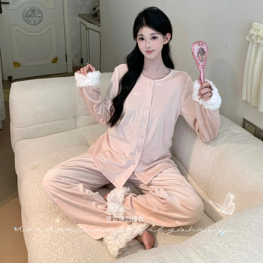 柔柔【心动交织】纯欲长袖套装显白显瘦显瘦春秋家居服睡衣女