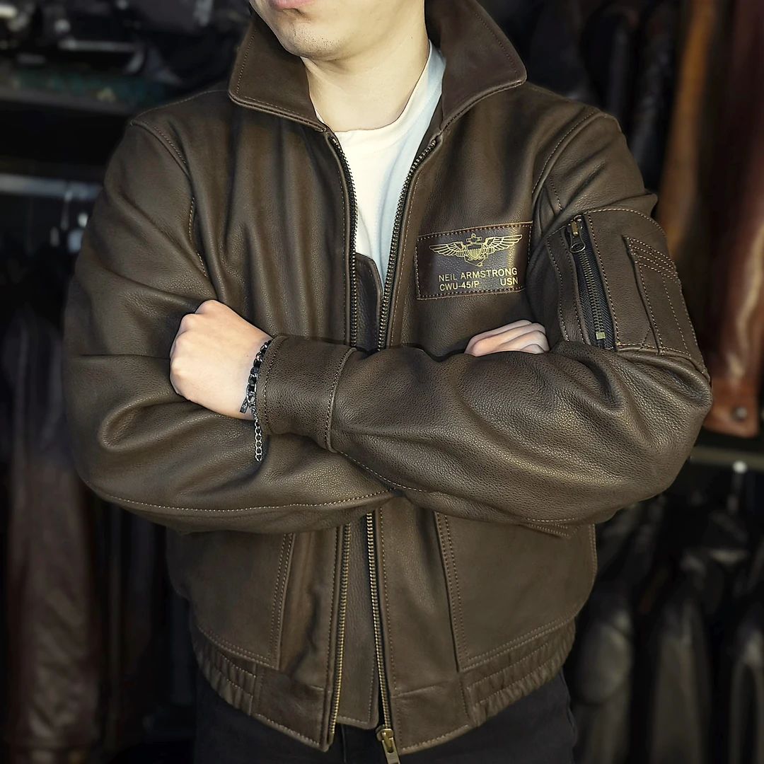 新西兰进口头层小牛皮高级感男装 复古飞行服夹克 男士真皮皮衣