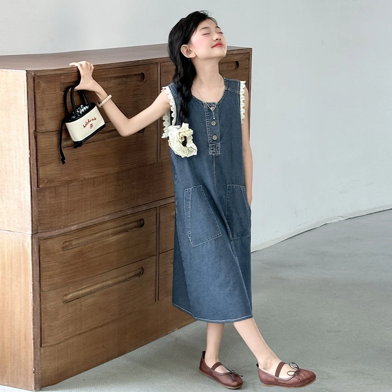 儿童2025年新款潮夏装大女童装裙子夏季背心吊带高级感牛仔连衣裙