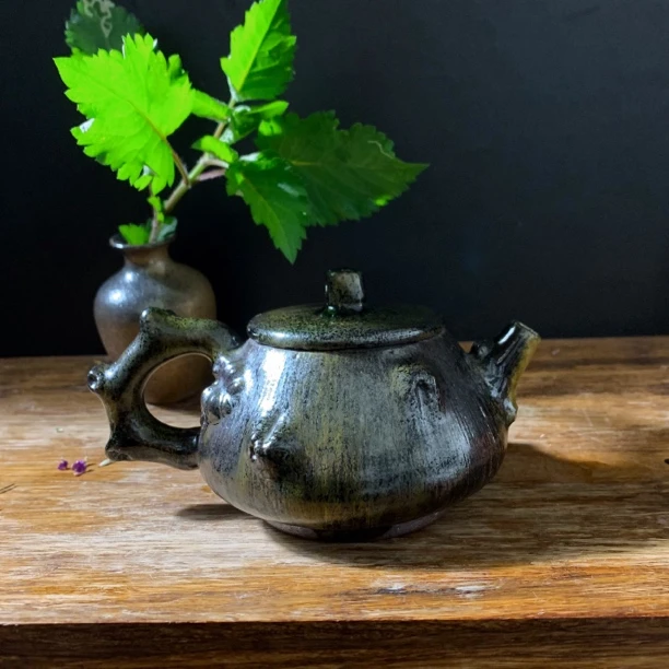 云南建水紫陶茶壶仿生茶壶石瓢陶瓷壶古法柴烧泡茶壶碳化金花四溅