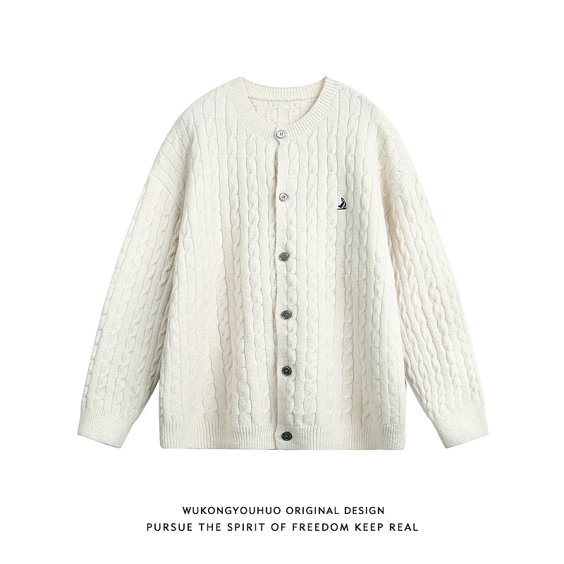 悟空有货秋冬复古麻花圆领开衫毛衣男潮牌刺绣宽松情侣针织衫外套