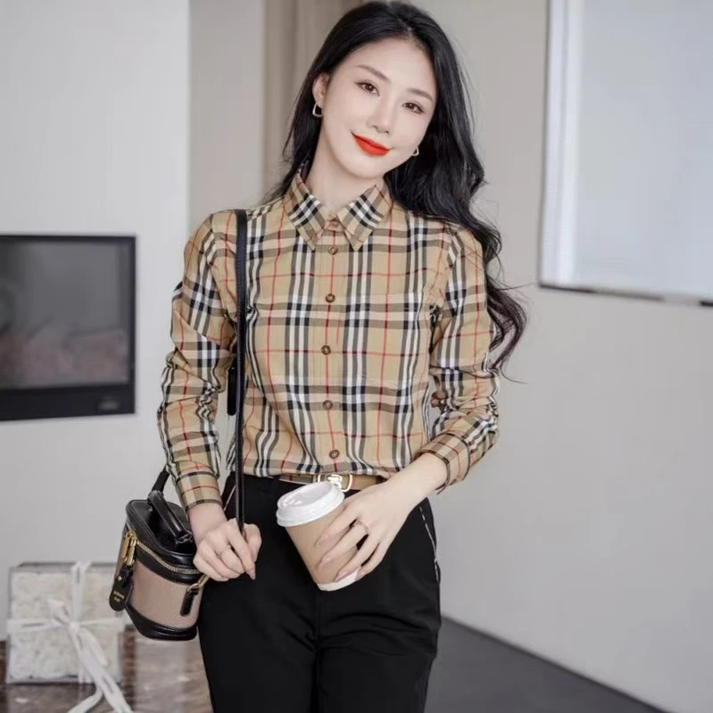 正品格子衬衫女英伦风修身显瘦设计感复古长袖时尚百搭上衣