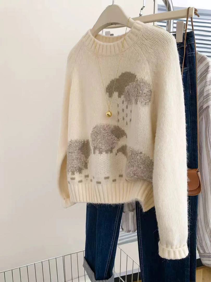 【奶白小羊】浣熊绒套头毛衣女秋冬加厚软糯针织衫内搭慵懒风