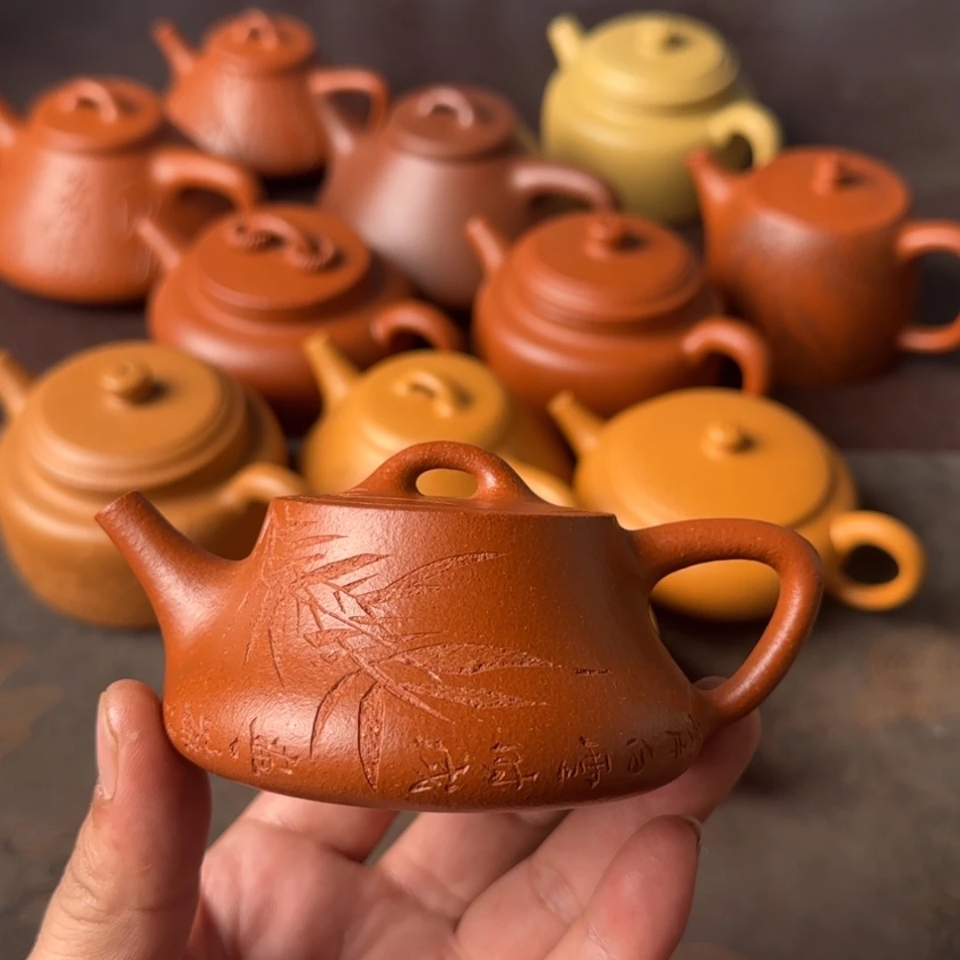 紫砂茶壶静*精挑宝山矿区红降坡础瓢145cc刻绘竹子