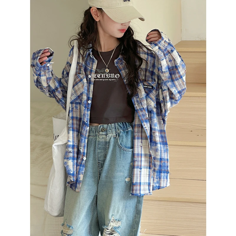 K28533洗破晕染女童格子衬衫春装儿童上衣2025新款春秋洋气外套薄