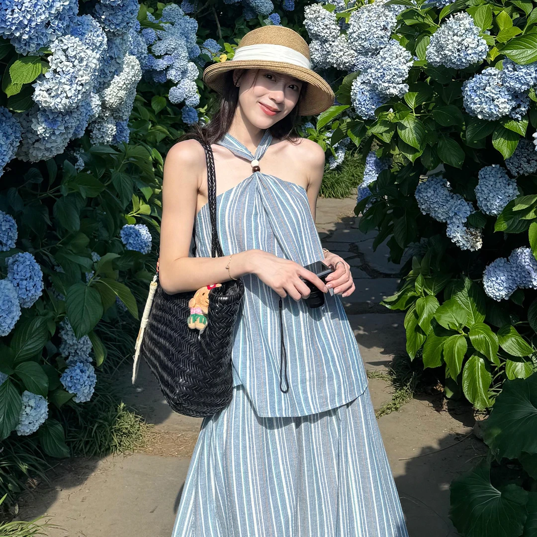 挂脖无袖连衣裙子女夏季绝美漂亮套装女生韩系衣服气质长裙5349