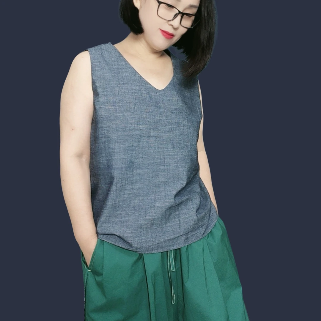 夏季新款色织亚麻背心V领宽肩带马甲打底百搭显瘦