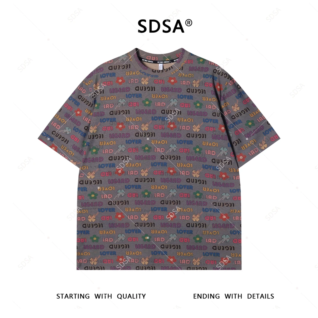 夏季高级感新款男士美式满印字母花朵图案短袖T恤宽松圆领上衣潮