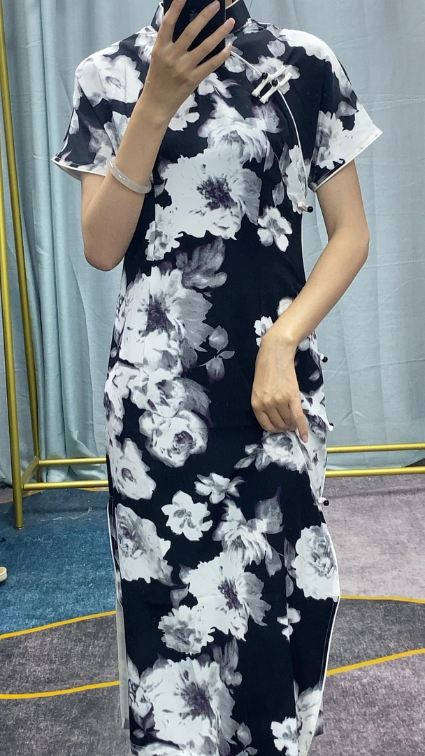 恬子梦 T836 夏季新款 水墨玫瑰 裙长120 短袖修身旗袍