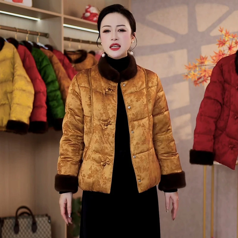 国风羊绒服冬装洋气高贵毛领拼接袄子女装气质短棉袄新中式妈妈装