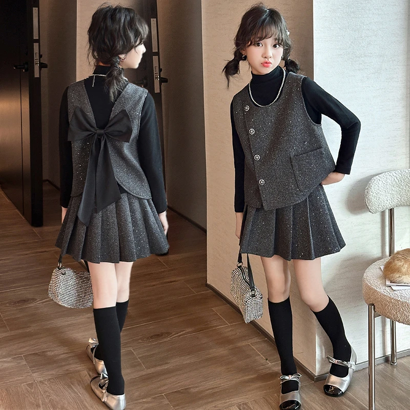 女童春秋小香风蝴蝶结三件套半身裙辣妹风毛衣常规套头百褶