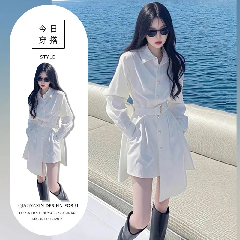 2025年春秋新款设计感别致不规则连衣裙女小个子收腰显瘦衬衫裙潮