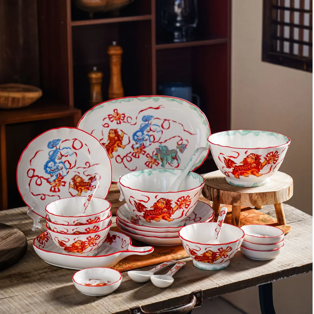 一切美好狮子滚绣球鱼盘菜盘手绘轻奢家用陶瓷烤盘水墨高温瓷SP