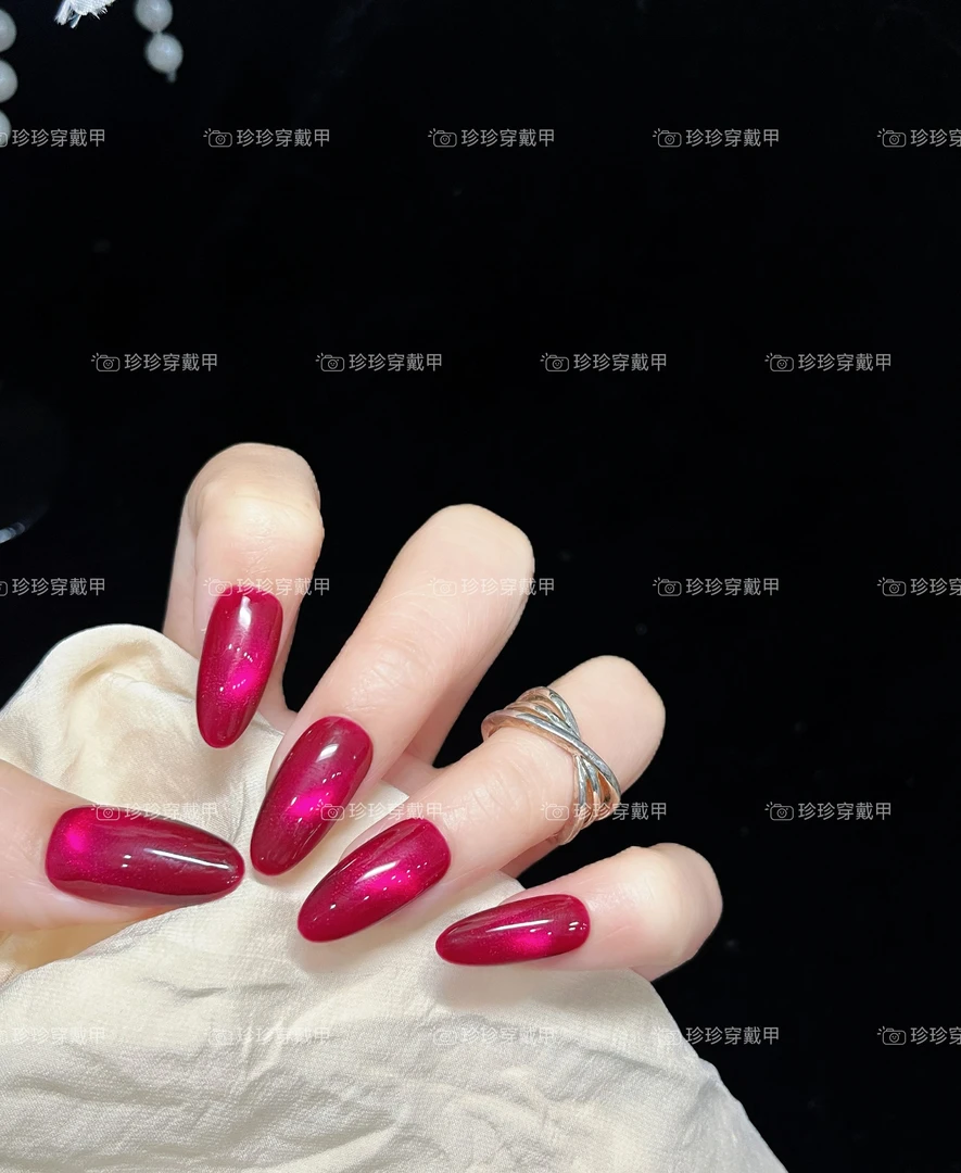 【红灯泡】珍珍手工穿戴甲御姐风显白爆闪枚红猫眼可拆卸美甲贴片