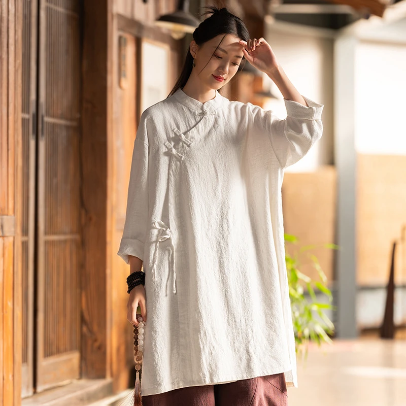 秋新中式女装复古禅意棉麻上衣居士服亚麻盘扣斜襟系绳改良汉服