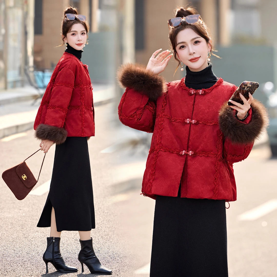 羽绒服女款爆款2025新款正品人丝冬季新中式羽绒真狐狸毛短款外套