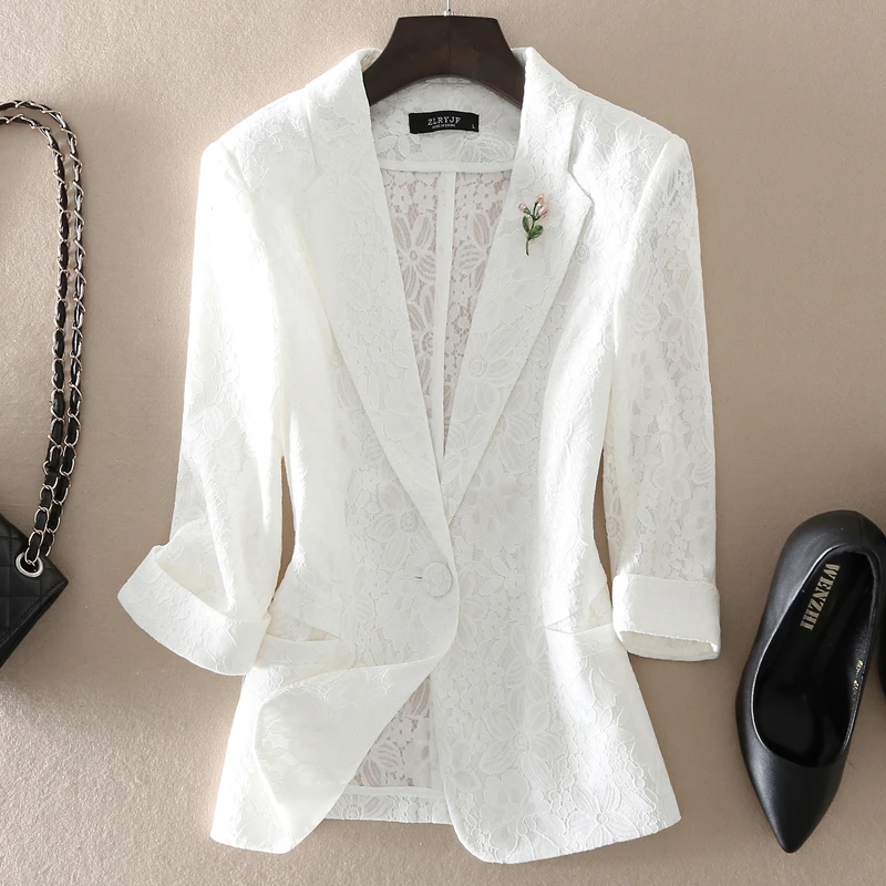 2025年春夏新款女装七分袖小西装女外套蕾丝显瘦修身短款西服上衣