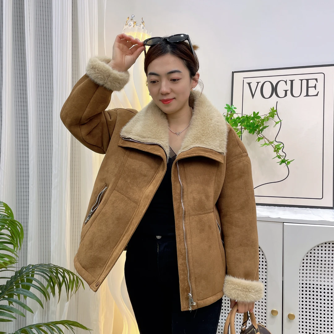 【木子原创设计】新款洋气高端时尚拉链机车服毛毛一体爆款短款外套
