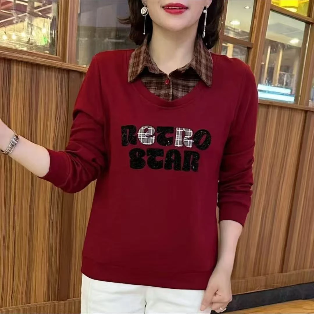 假两件卫衣女士长袖2025春季新款中年妈妈时尚打底衫polo领上衣