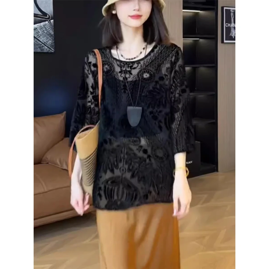 防晒微透烧花百搭显瘦衬衫女气质时尚减龄上衣2503